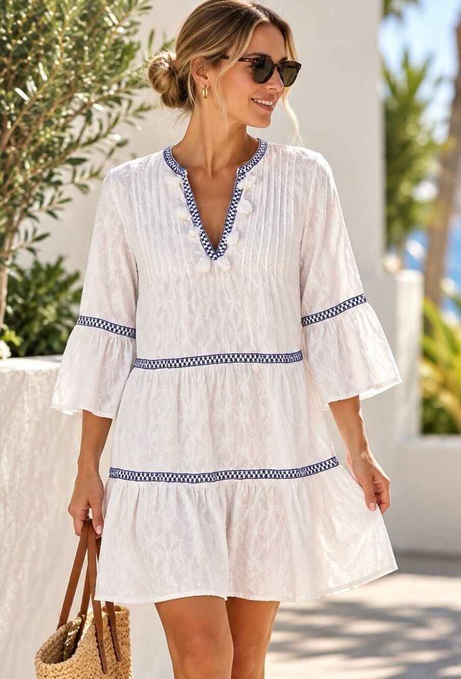 Tommy Bahama Cotton Jacquard Embroidered Tiered Dress Beach Cover-Up Sm